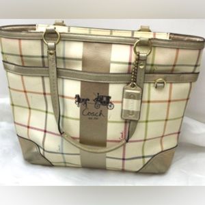 Coach Gold Trim Heritage Tattersall Canvas Medium Tote with Dust Bag